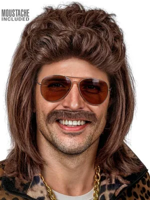 Muška Smeđa Mullet Perika s Brkovima